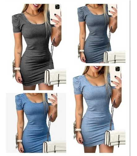 Vestido Corto De Mezclilla Con Cuello En U Y Mangas