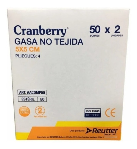 Gasa Estéril No Tejida Cranberry 5x5 Caja 50 Sobres