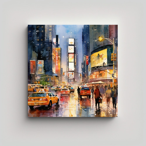 30x30cm Cuadro Acuarela Times Square Nueva York Flores