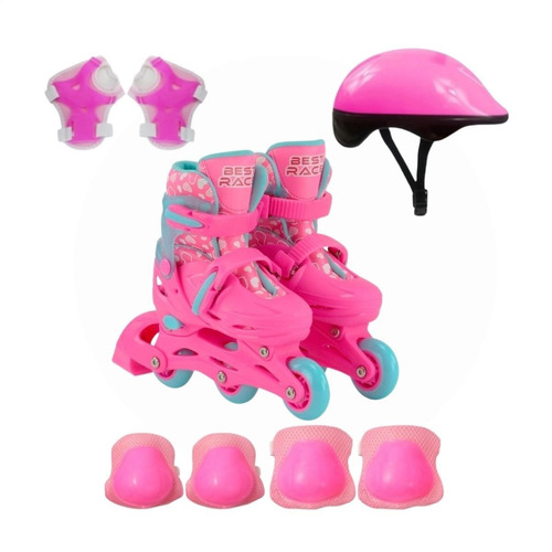 Patins Menina 28/31 Infantil Ajustável Rosa + Kit Capacete  