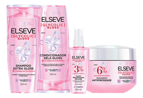 Kit Shampoo Condicionador Sérum Creme Glycolic Gloss Elseve