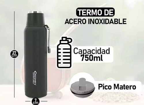 Termo Discovery Verde Acero Inoxidable - Doble Capa Frio Calor Mate Agua 750ml