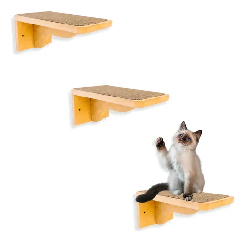 Escada Para Gatos BT WOOD 3 Peças MDF Marrom Claro Antiderrapante