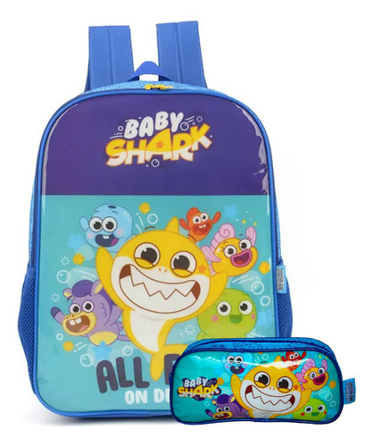 Kit Mochila Infantil De Costas + Estojo Escolar Baby Shark Cor Azul-escuro