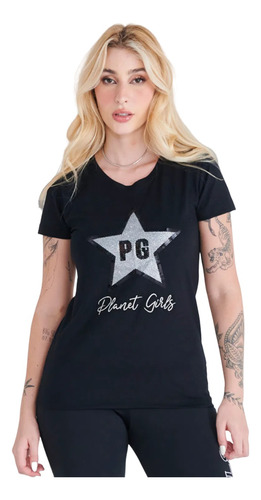 Blusa Camiseta Preta Estrela Prata C/ Paetê Planet Girls