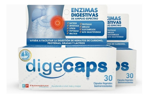 Suplemento en cápsulas vegetales Framingham Pharma  DigeCaps enzimas digestivas en caja 30 un pack x 2 u