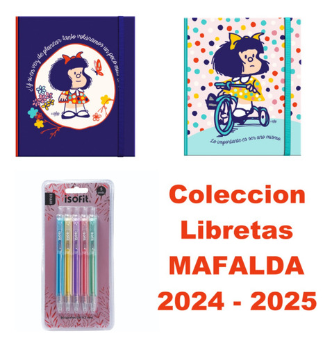 Libreta Lujo Cuaderno Mafalda Super Azul + Lapices Gel(5)