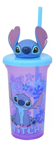 Vaso Con Tapa Y Popote Cabeza Stitch 450ml Plástico Color Lila