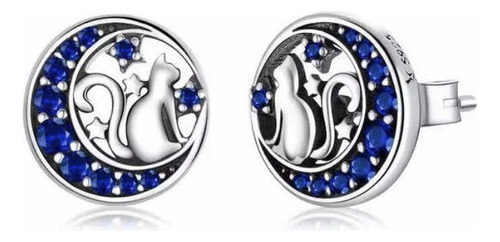 Aretes Topitos Para Mujer Diseño Gato Luna  En Plata 925