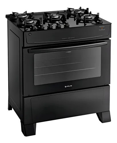 Fogão Atlas 5 Bocas preto Mônaco Top Glass com Acendimento automá...