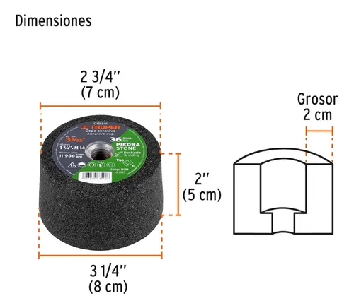 Copa desbaste piedra 3-5/32'' grano 36 ent. M1 Truper C-1293-PI