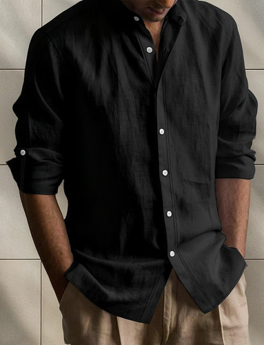 Camisa De Lino Transpirable Con Cuello Alto Y Manga Larga