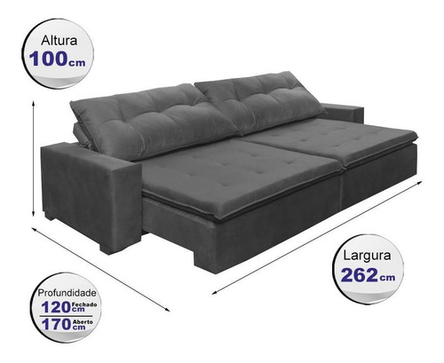 Sofá Retrátil E Reclinavel Oklahoma 2,62mts Com Molas Cinza Desenho do tecido -liso