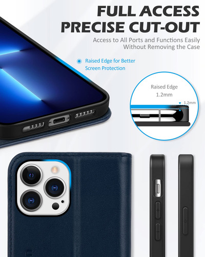 Funda Tipo Cartera Shieldon Para iPhone 13 Pro Max 5g, Color Azul Marino