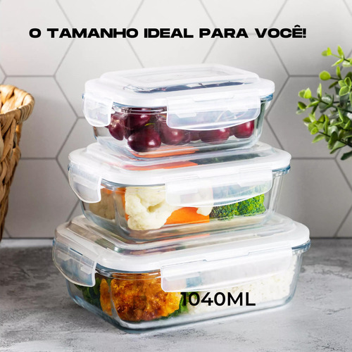 Kit 4 Potes De Vidro Retangular Hermético Com Travas 1040ml
