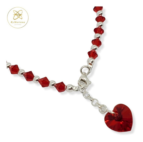 Imagen 3 de 7 de Pulsera Plata Cristal Swa Ch Cristal Rojo Con Corazon