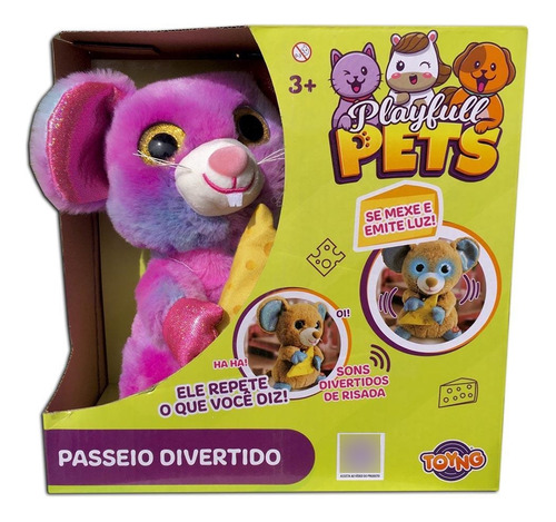 Ratinho De Pelucia Rosa Passeio Divertido Som Luz Toyng