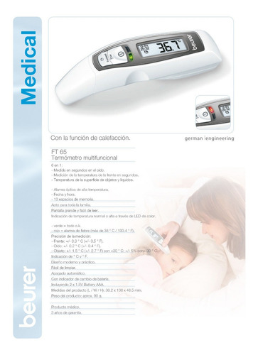 Imagen 4 de 5 de Termómetro Digital Multifuncional Ft65 Beurer Alarma Fiebre