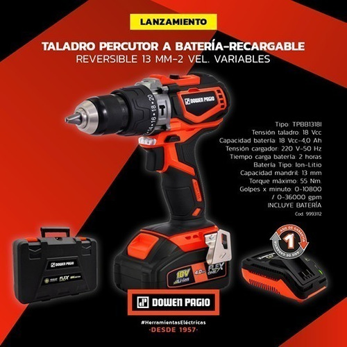 Imagen 2 de 4 de Taladro Percutor Dowen Pagio Brushless 18v Bateria 4amp
