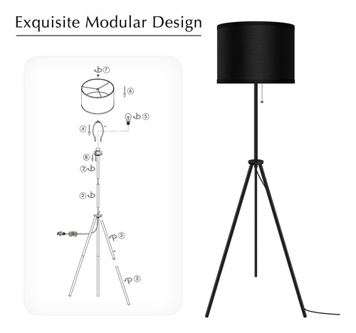 Lámpara De Pie Trípode 151 Cm Pantalla Lino Negro Salón Dorm Color De La Pantalla Color De La Estructura