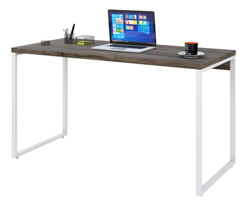 Mesa Kuadra Office 135x60x75cm Estrutura Branca Cor Carvalho Dark / Est.branca