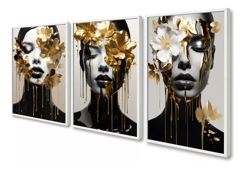 Quadros Decorativos Mulher Flores Douradas Gold Sala Moldura