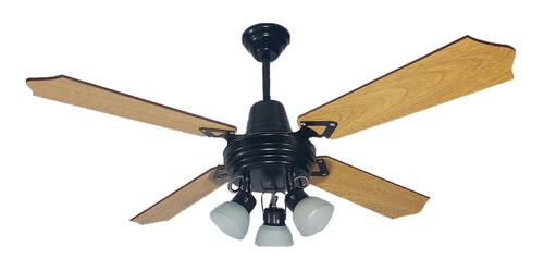 Ventilador De Techo Negro Palas Madera Con Spot De 3 Luces