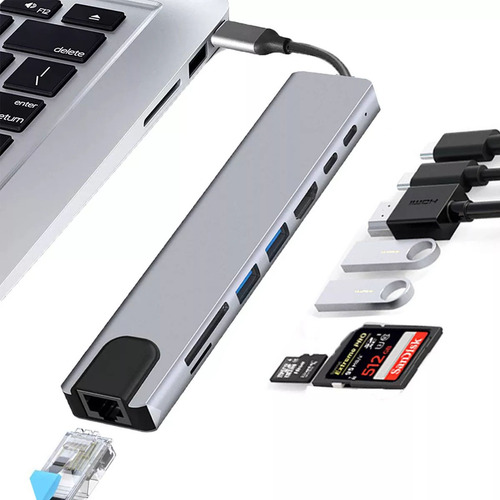 8 En 1 Multipuerto Hubs Usb C Adaptador Plateado Alan MKDMX00616
