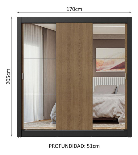 Ropero Closet Madesa 3 Puertas 2 Espejos Nm Color Negro/Rustic