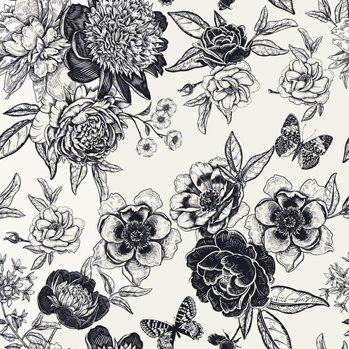 Papel Tapiz Arthome 305 X 43.5 Cm Blanco Con Flores Negras