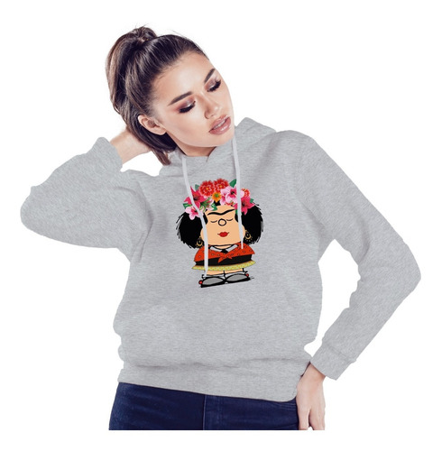Imagen 3 de 6 de Buzo Gris Capucha Mafalda Frida Hombre Mujer Niños Hoodie