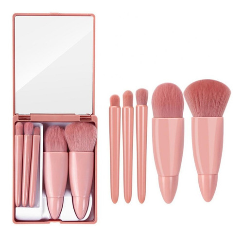 Kit De Pincéis De Maquiagem Com Espelho Estojo Com 5 Peças Cor Rosa