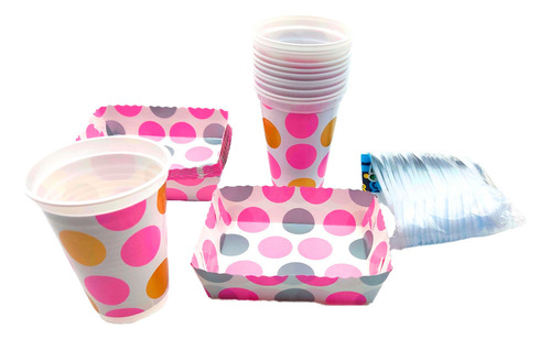 Kit Vasos Platos Y Cubiertos Polka Rosado Plateado X 12 Un