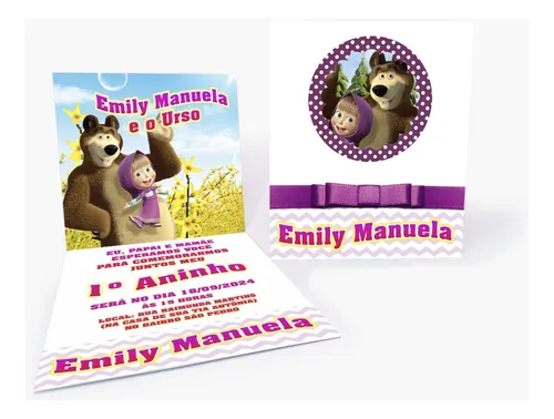 comprar Convite Aniversário Masha E O Urso Roxo Lilás Poá 15unidades