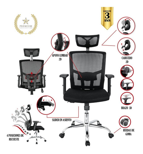 Imagen 1 de 6 de Silla Oficina Premium Encino Sincro-slider-brazo3d-ruedagoma