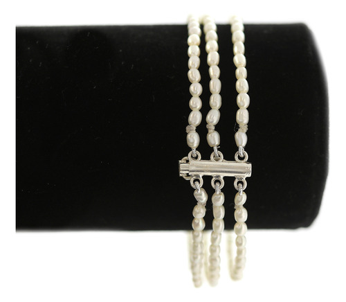 Pulseira 3 Fios Pérola Rústica Arroz Água Doce Natural Prata