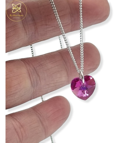 Cadena Plata + Dije Corazon Cristal Swa Fucsia 10mm