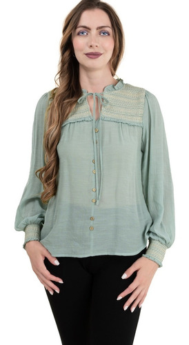 Blusa Vestir Manga Larga Escote Bordado Boho Chic Lazo.