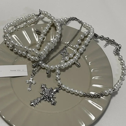 Collar Pearl Cross Con Cadena De Clavícula Multicapa Para .