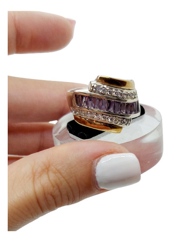 Anillo Plata 925 Grande Diagonal De Cubic Lilas Y Cristal