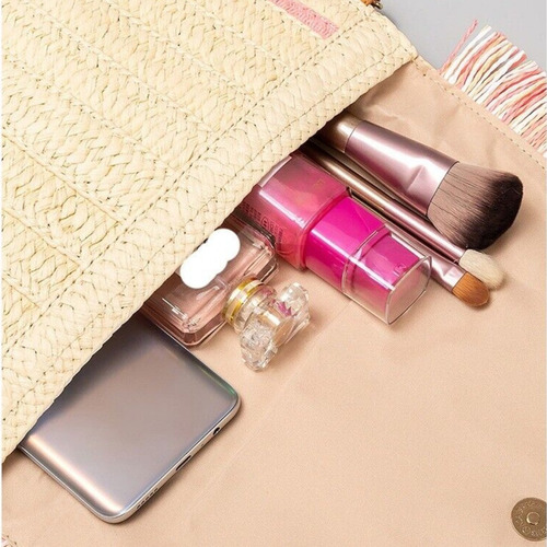 Bolso De Playa Tote Bag Cartera De Mujer Tejida A Mano Paja Acabado De Los Herrajes Dorados Color Beige Con Rosa Correa De Hombro Marrón Diseño De La Tela Tejido