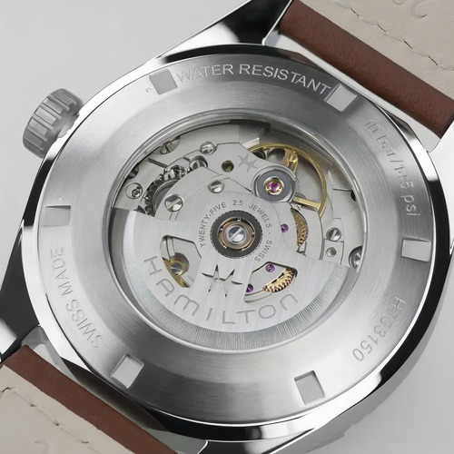 Reloj Hamilton Ha70315540 Khaki Field Expedition Auto Correa Marrón Bisel Plateado Fondo Azul
