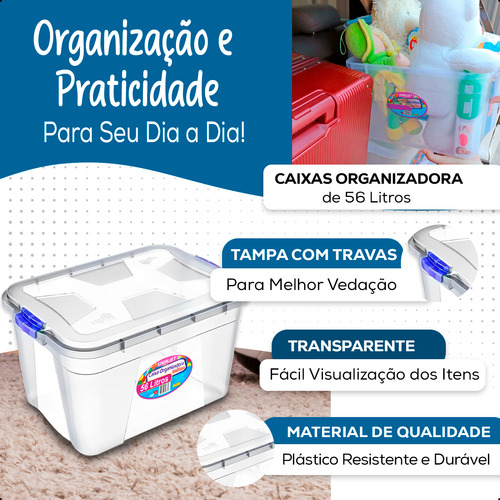 Kit 6 Caixas 56l Organizadora Multiuso Com Tampa Trava