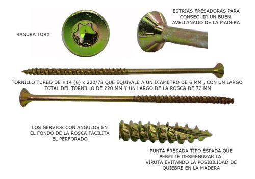 Imagen 2 de 6 de Tornillo Turbo P/ Madera # 14 X 200/72, Torx Pack De 40 Un.