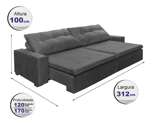 Sofá Retrátil E Reclinavel Oklahoma 3,12mts Com Molas Cinza Desenho do tecido
