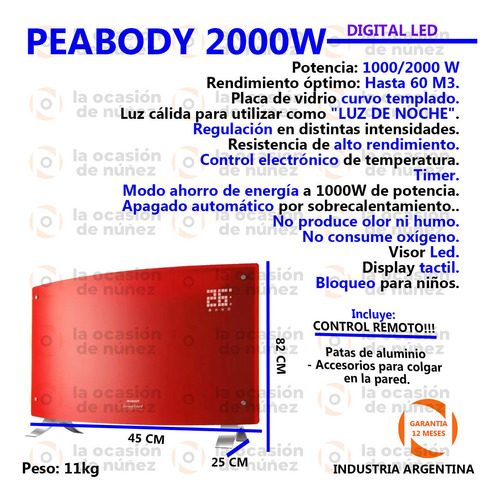 Imagen 2 de 6 de Calefactor Peabody Electrico Vitroconvector Digital Led 2000