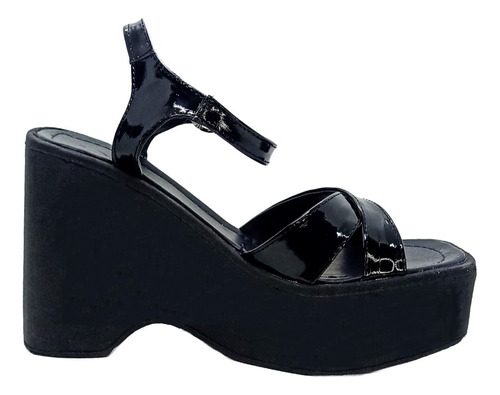 Sandalias Mujer Negras Plataforma Taco Semi Chino Charol Mia