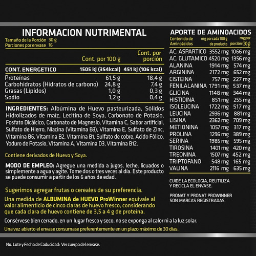 Imagen 2 de 4 de Albumina De Huevo (natural 500 Gr) Prowinner