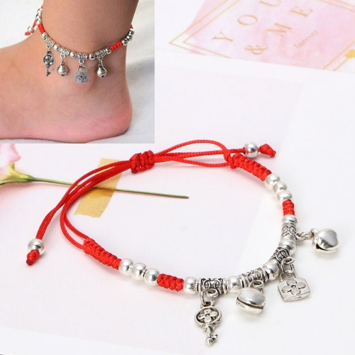 Pulsera Tobillera Hilo Rojo Del Destino Con Llave Candado Diámetro 8 cm Largo 26 cm