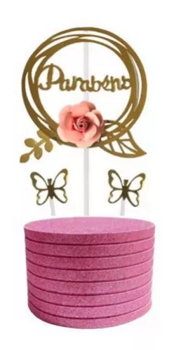 Topo de Bolo de Borboletas Rosa e Dourada Festa Aniversário